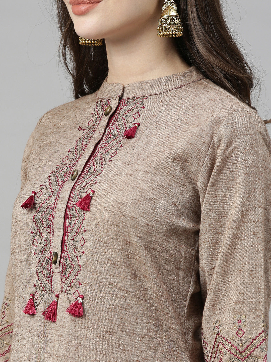 Neerus Beige rayon printed kurta set - back view