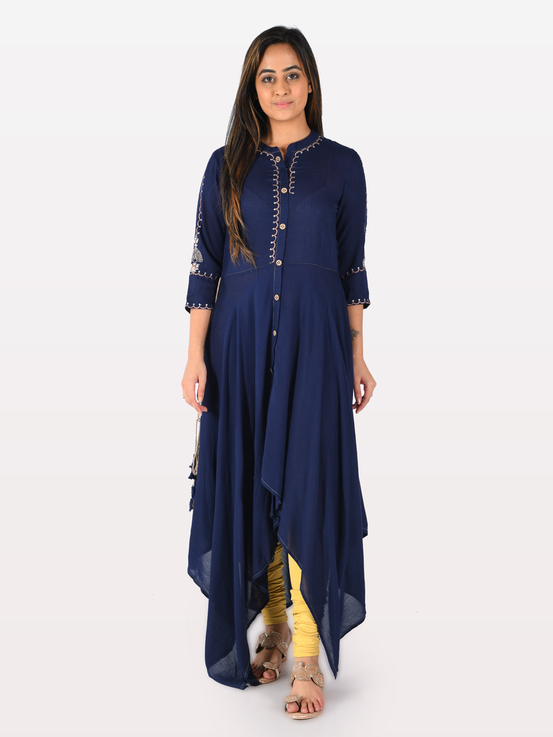 Neerus Blue viscose rayon embroidered high-low kurti - detail view 2