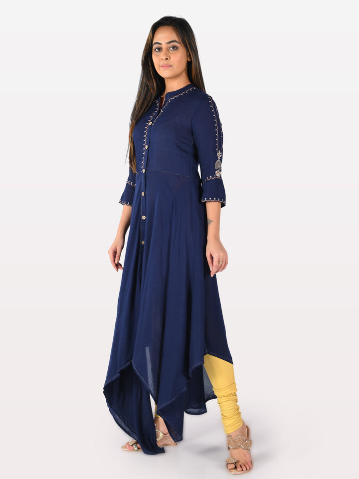 Neerus Blue viscose rayon embroidered high-low kurti - front view