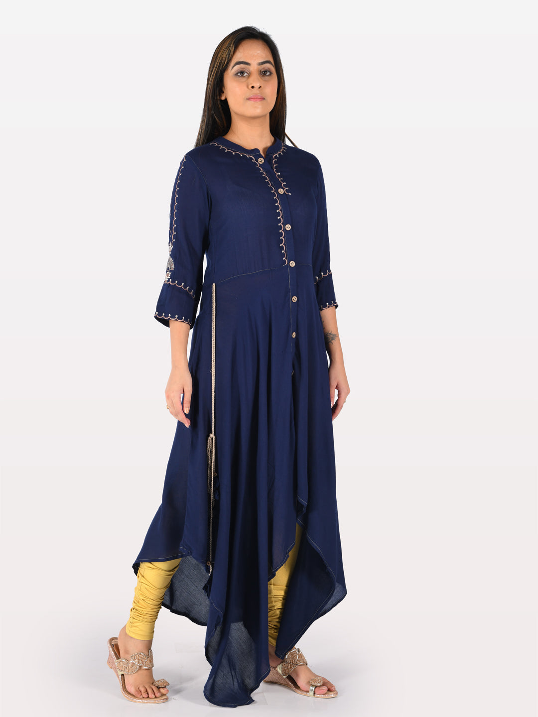 Neerus Blue viscose rayon embroidered high-low kurti - back view