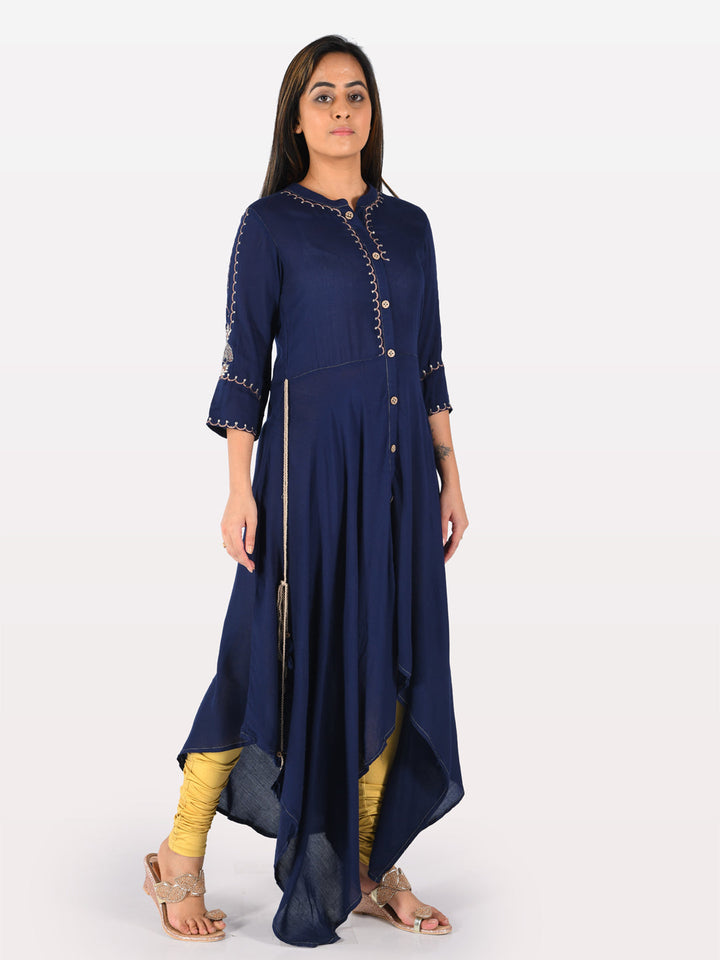 Neerus Blue viscose rayon embroidered high-low kurti - back view
