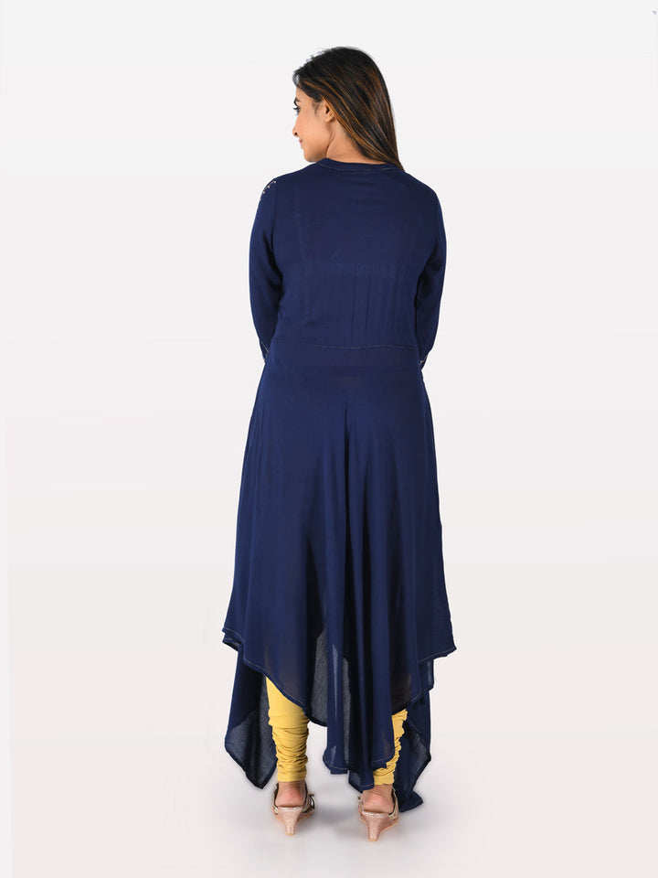 Neerus Blue viscose rayon embroidered high-low kurti - side view