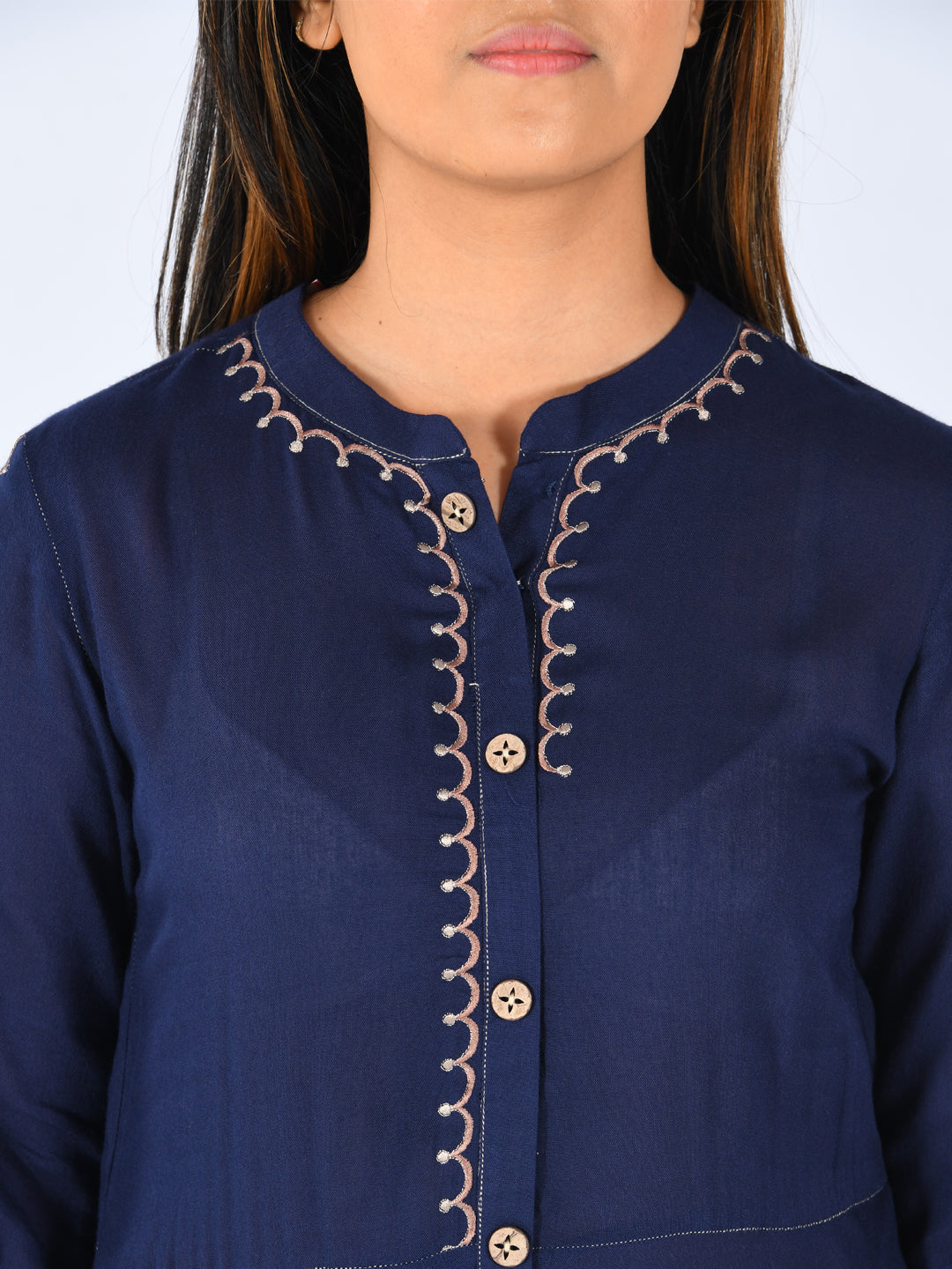 Neerus Blue viscose rayon embroidered high-low kurti - detail view 1