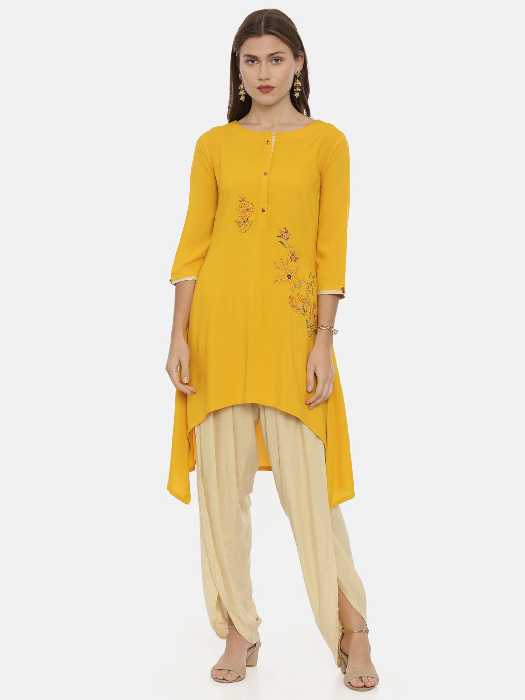 Neerus Yellow rayon embroidered high-low kurta - front view