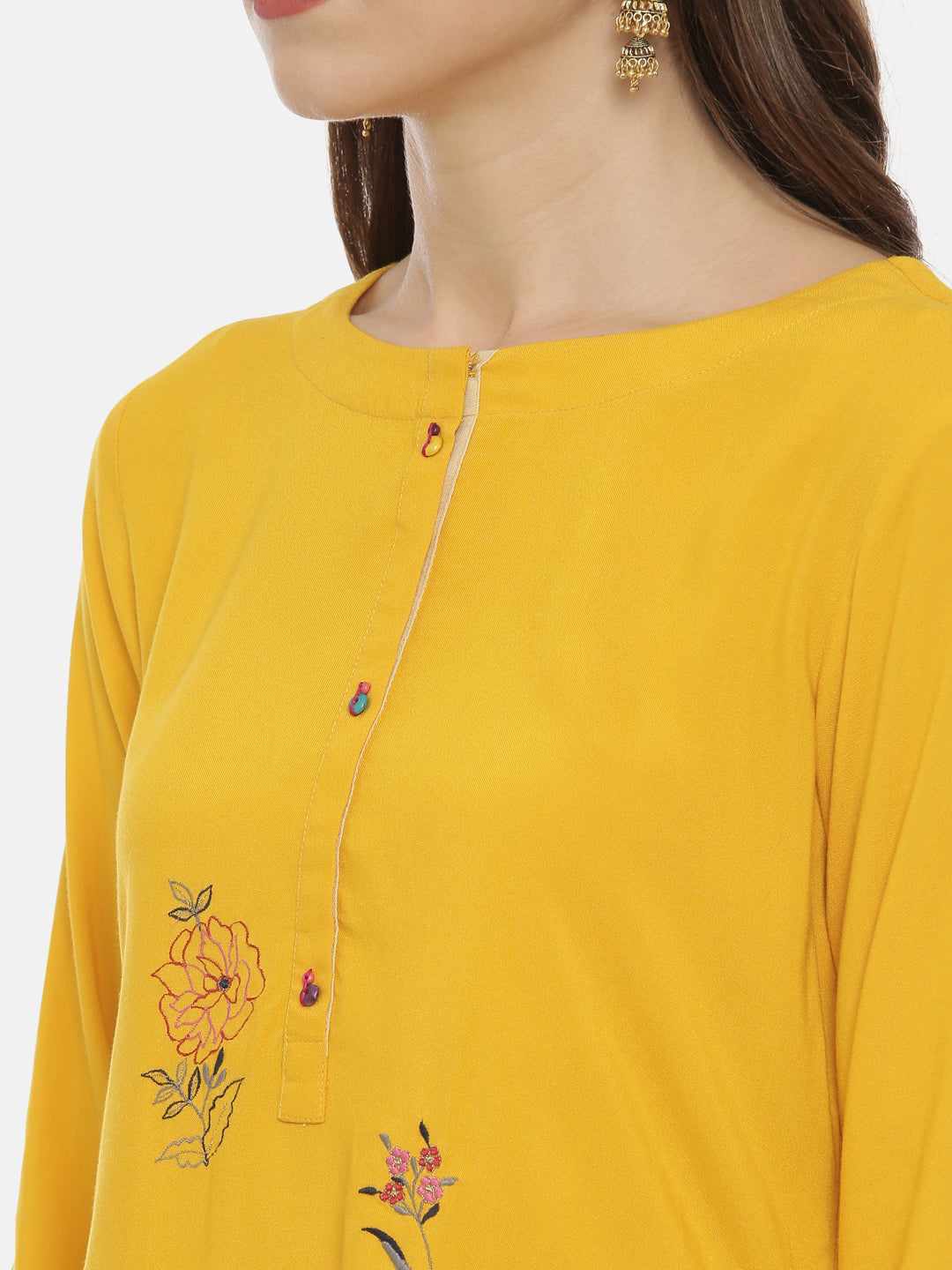 Neerus Yellow rayon embroidered high-low kurta - back view