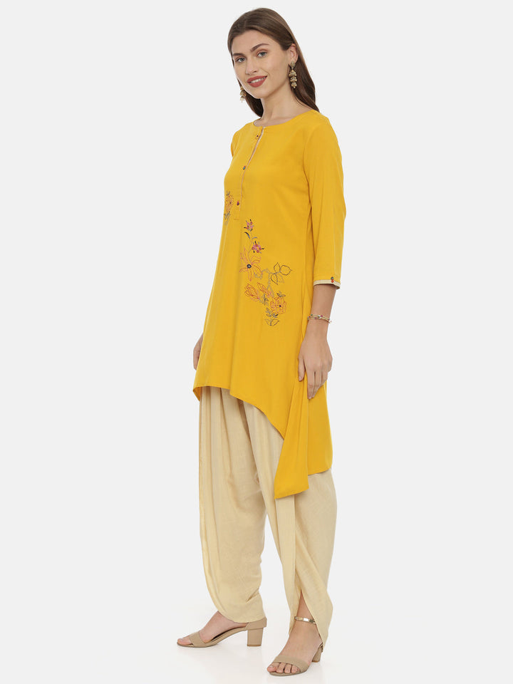 Neerus Yellow rayon embroidered high-low kurta - side view