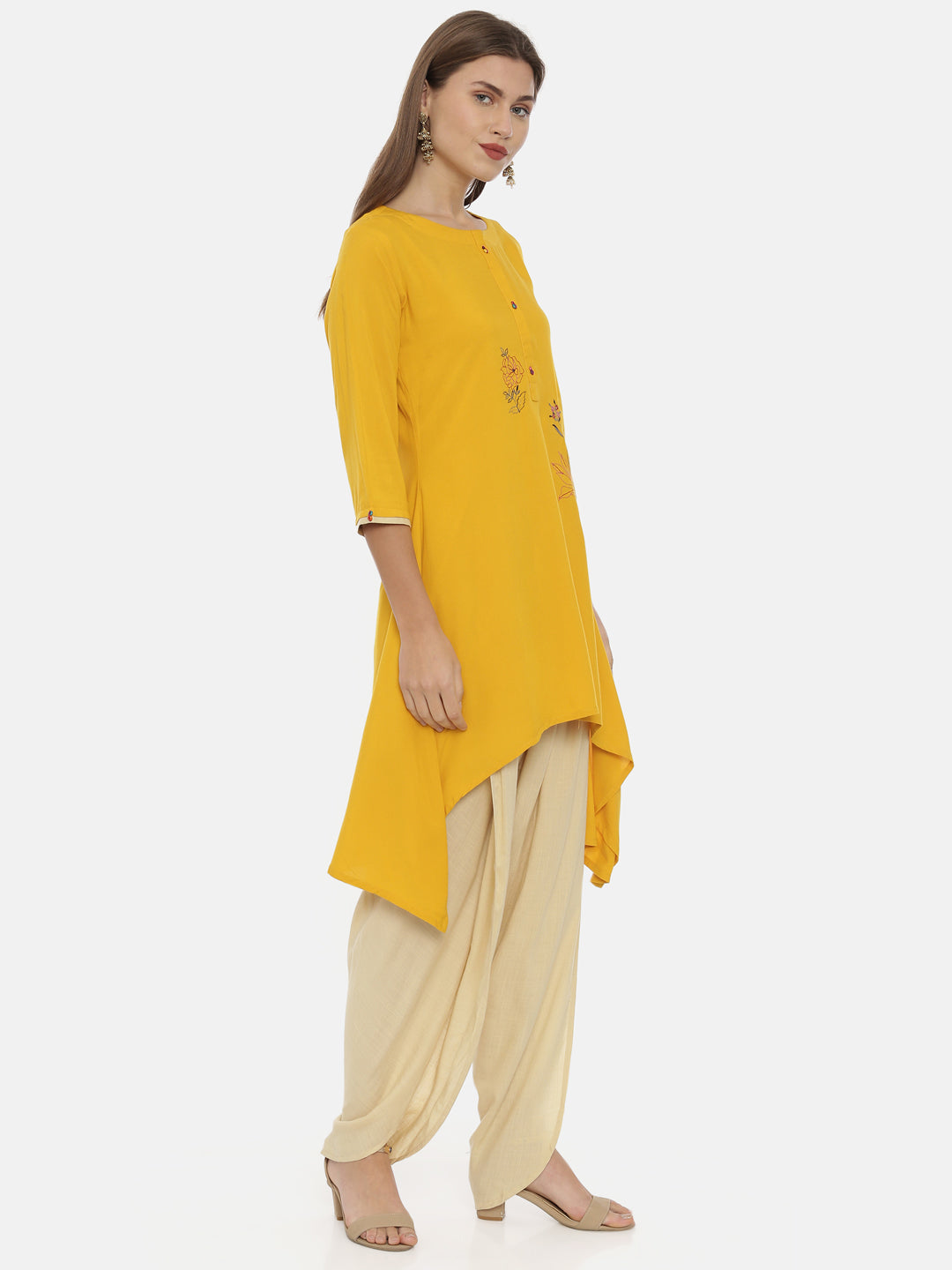 Neerus Yellow rayon embroidered high-low kurta - detail view 1