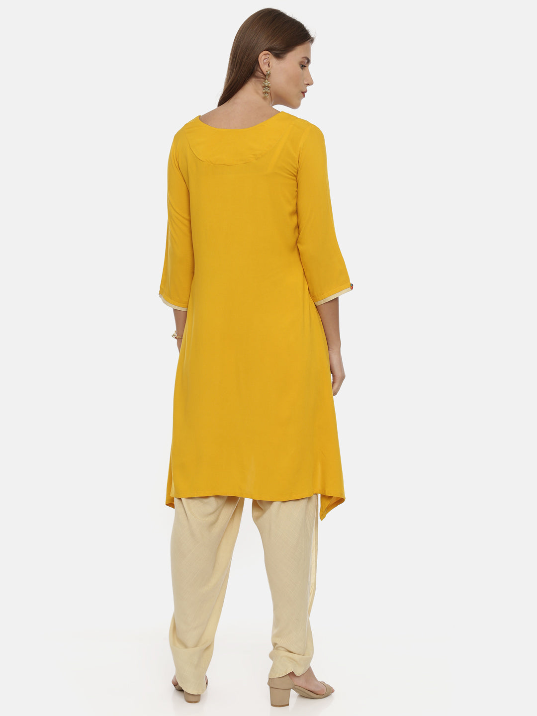 Neerus Yellow rayon embroidered high-low kurta - detail view 2