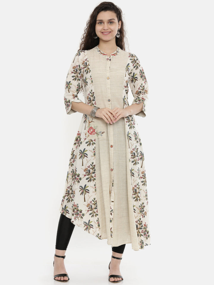 Neerus White cotton printed high-low kurta - front view