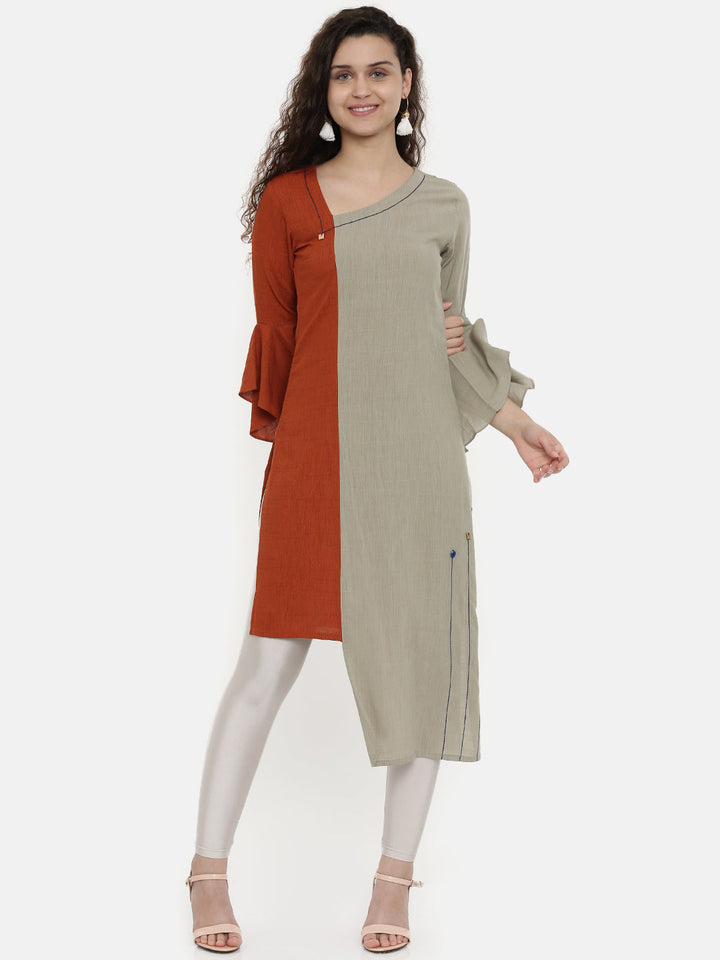 Neerus Brown rayon high-low kurta - detail view 4