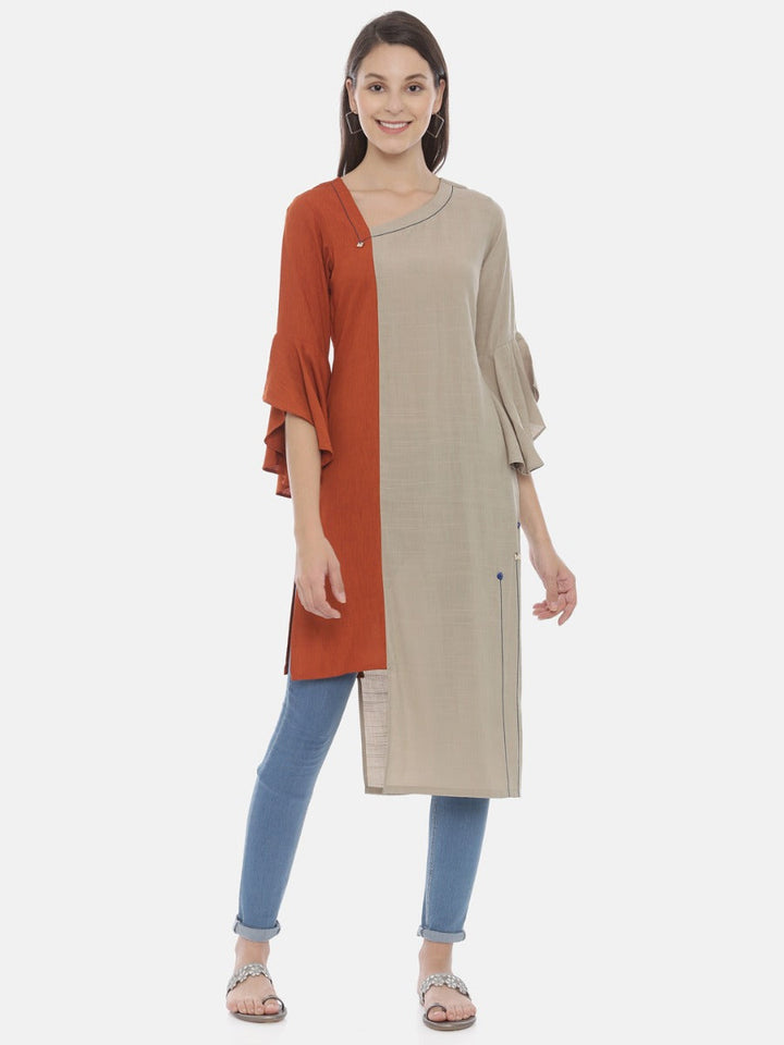 Neerus Brown rayon high-low kurta - front view