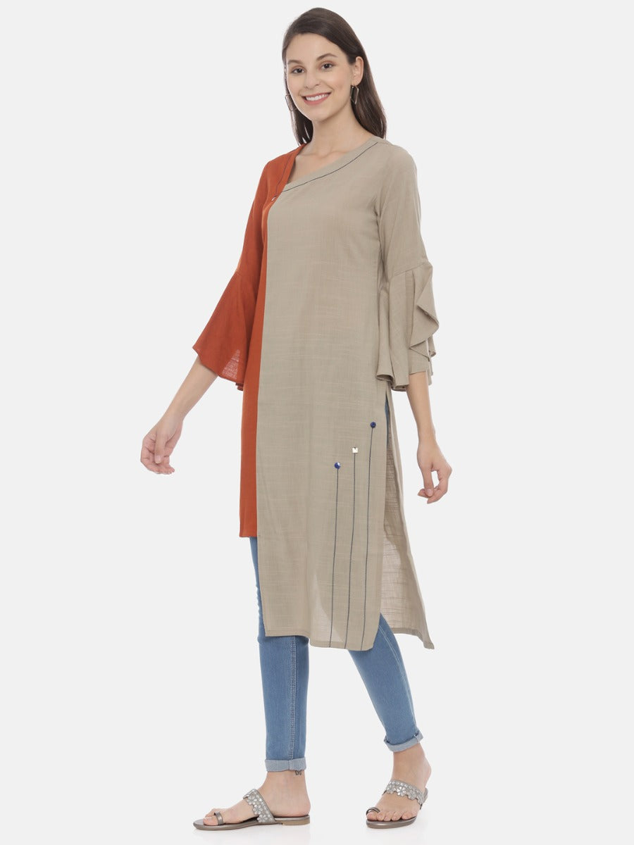 Neerus Brown rayon high-low kurta - side view