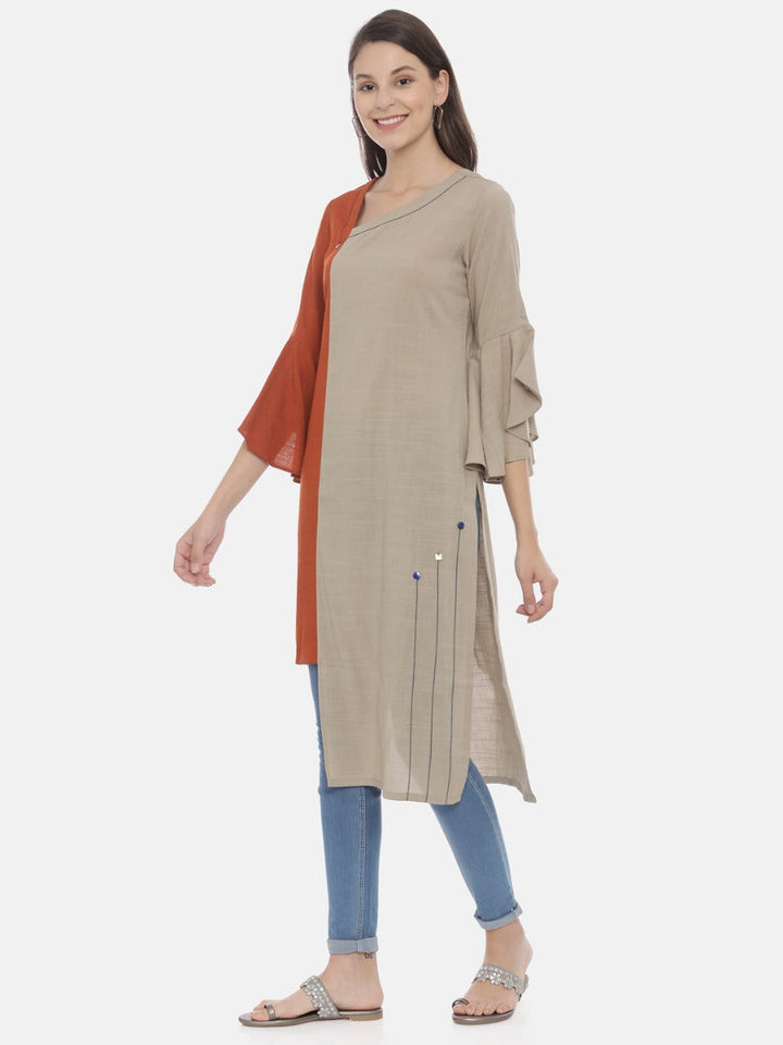 Neerus Brown rayon high-low kurta - side view