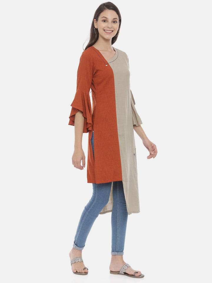 Neerus Brown rayon high-low kurta - detail view 1