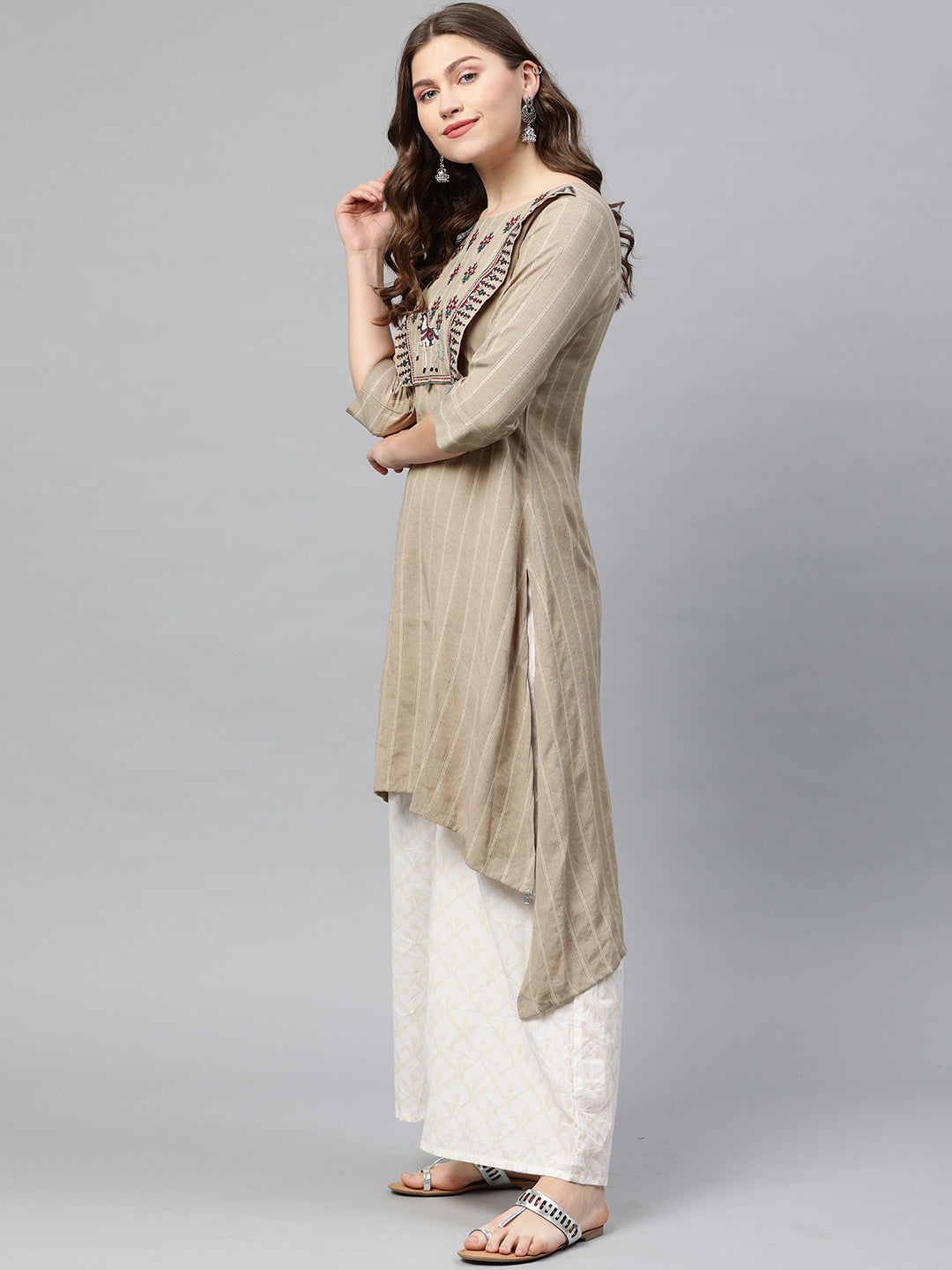 Neerus Beige cotton striped high-low kurta - side view