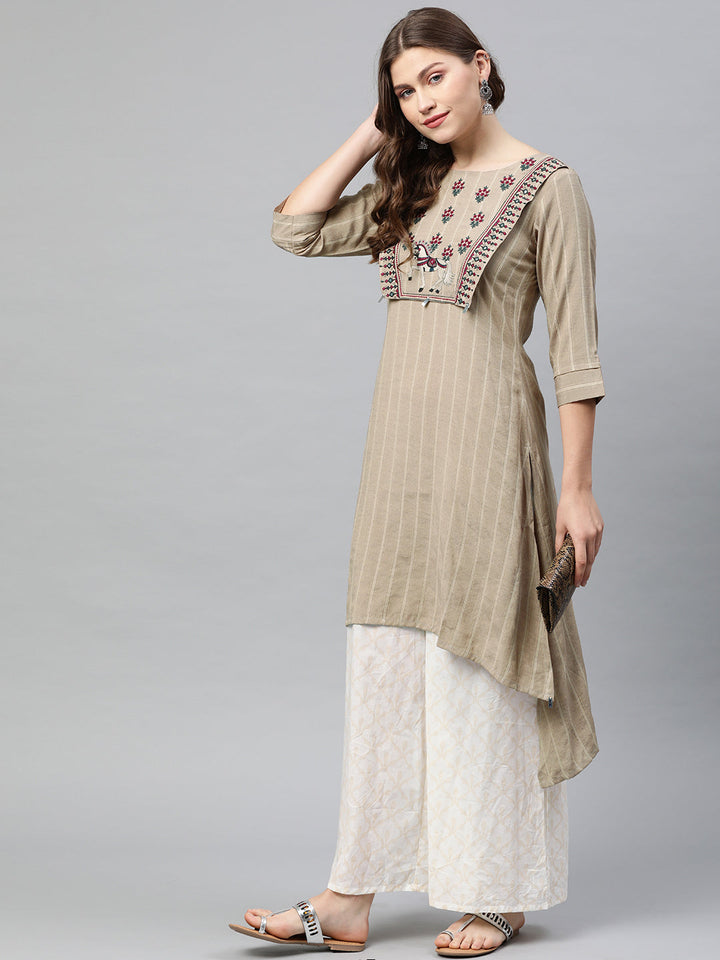 Neerus Beige cotton striped high-low kurta - detail view 2