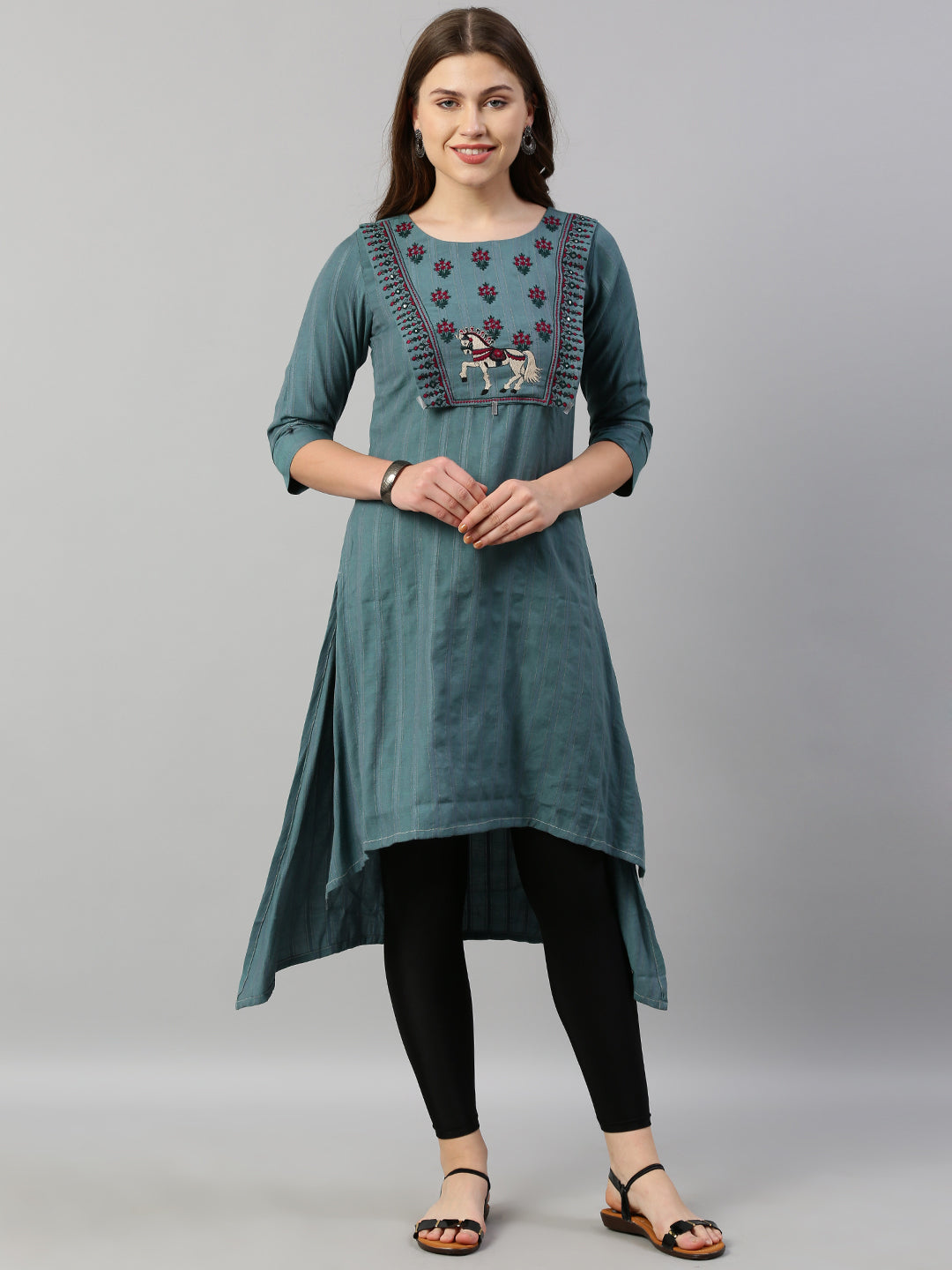 Neerus Green viscose rayon embroidered A-line kurta - front view