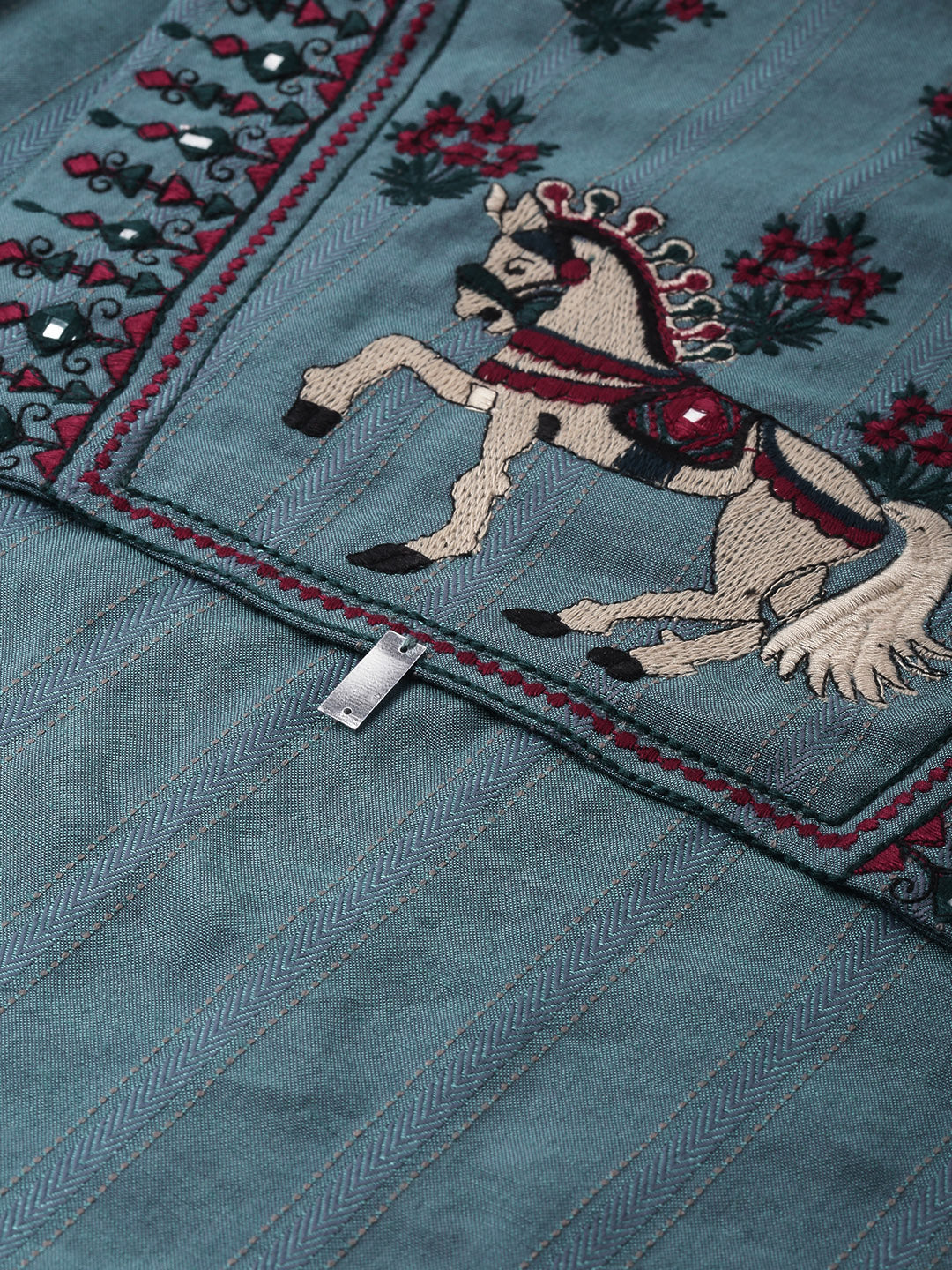 Neerus Green viscose rayon embroidered A-line kurta - back view