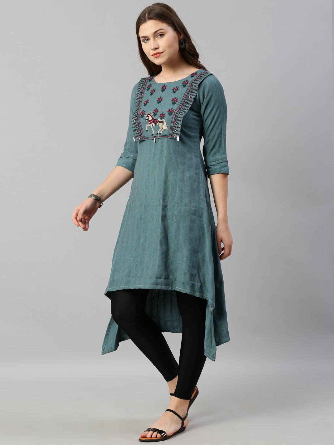 Neerus Green viscose rayon embroidered A-line kurta - detail view 1