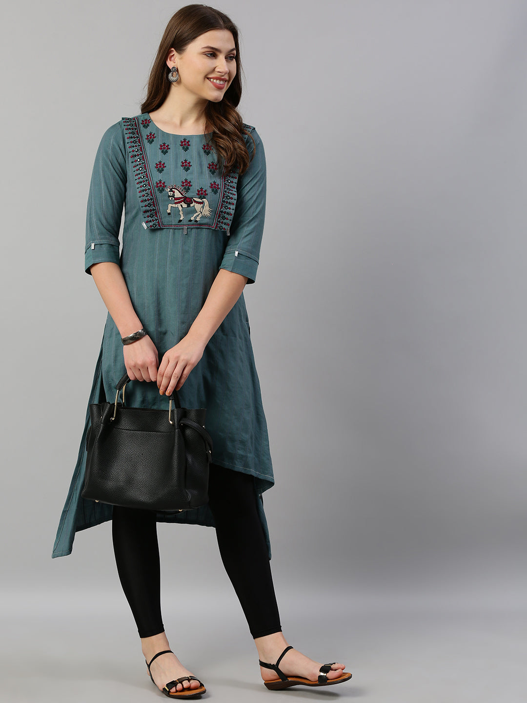 Neerus Green viscose rayon embroidered A-line kurta - detail view 3