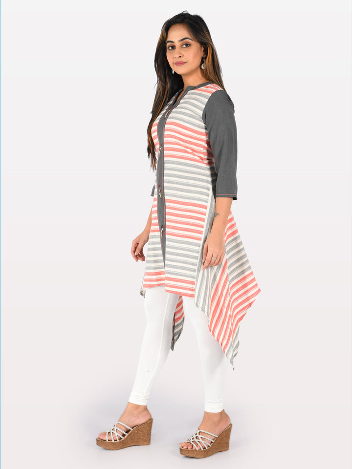 Neerus Grey cotton printed high-low kurta - detail view 4