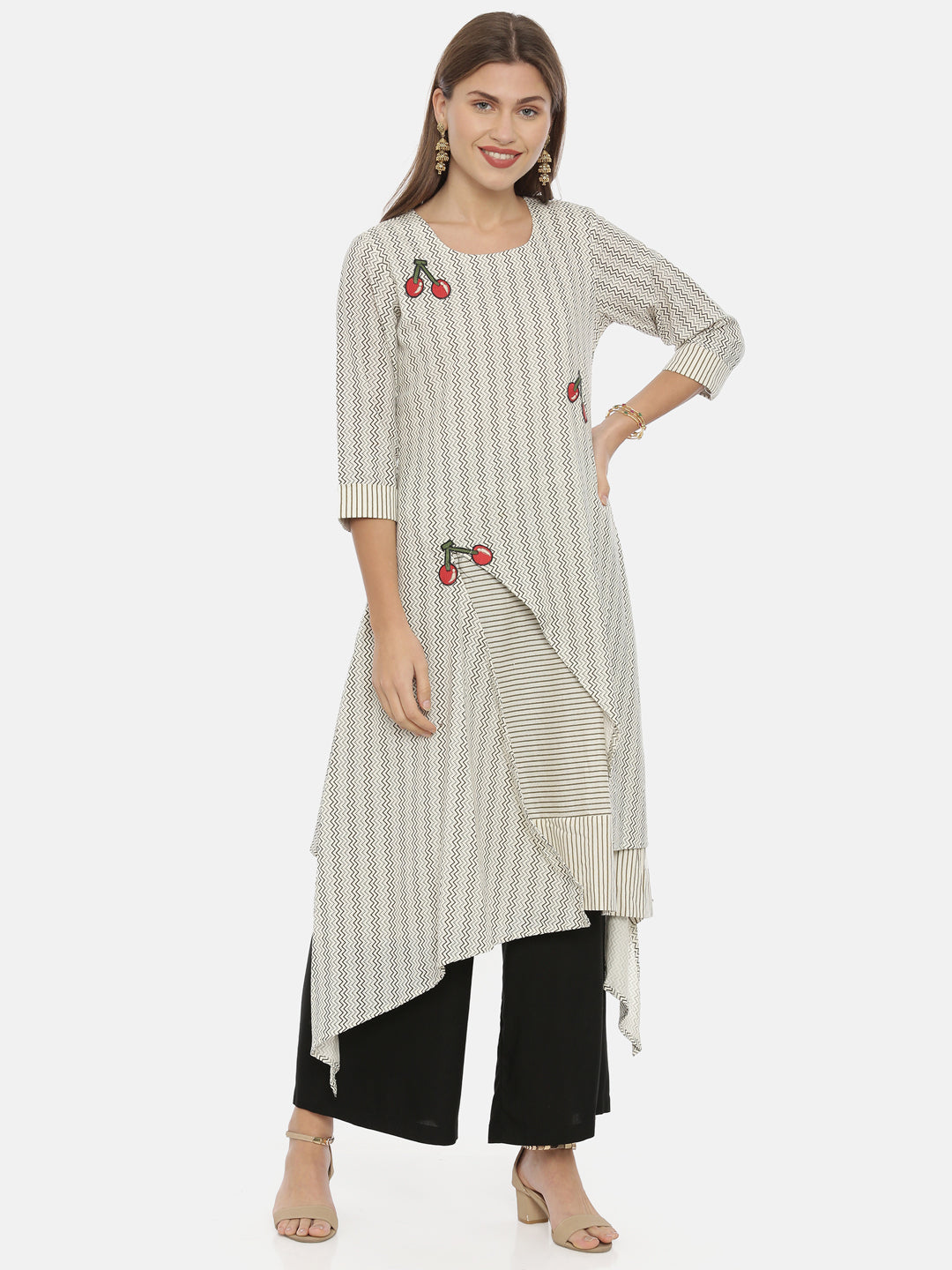Neerus White cotton printed high-low kurta - front view