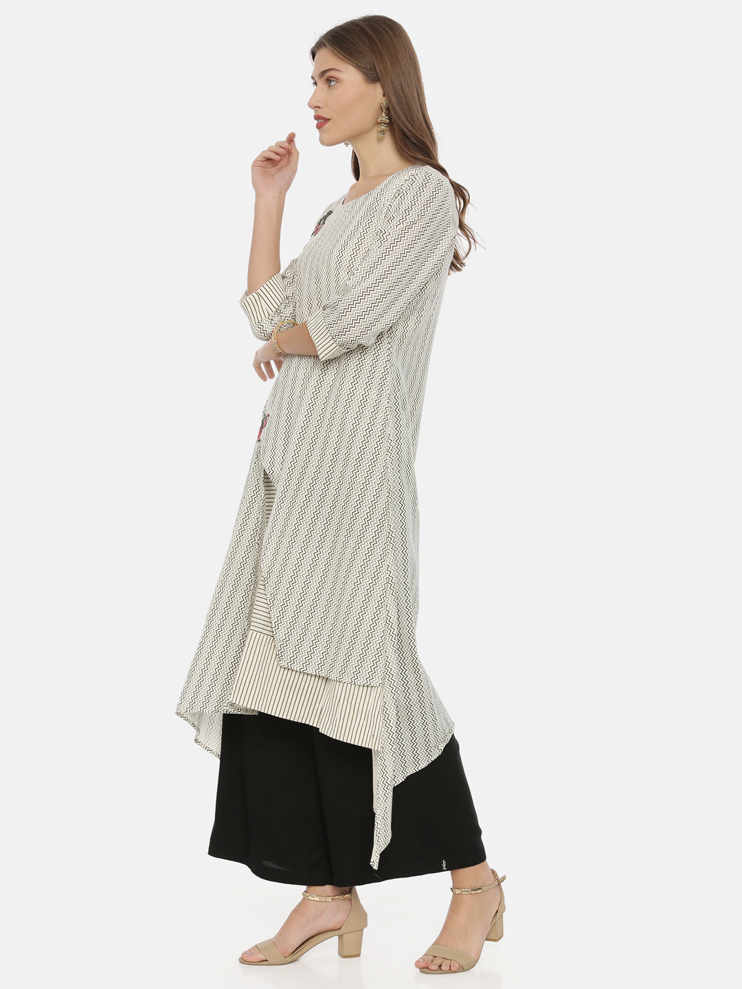 Neerus White cotton printed high-low kurta - side view