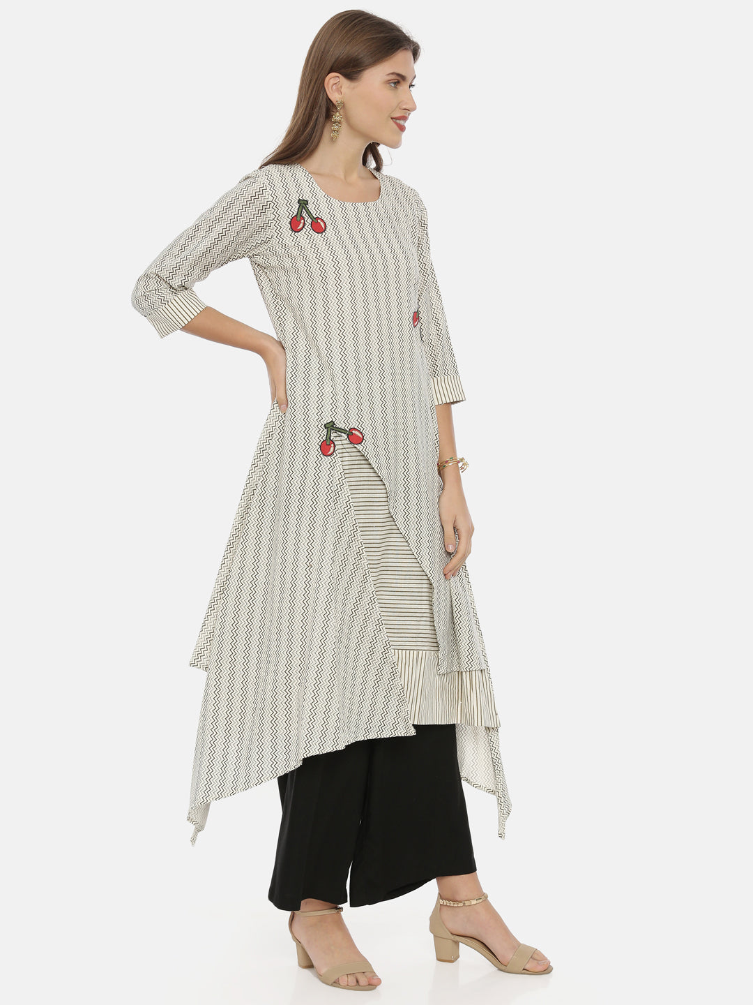 Neerus White cotton printed high-low kurta - detail view 1
