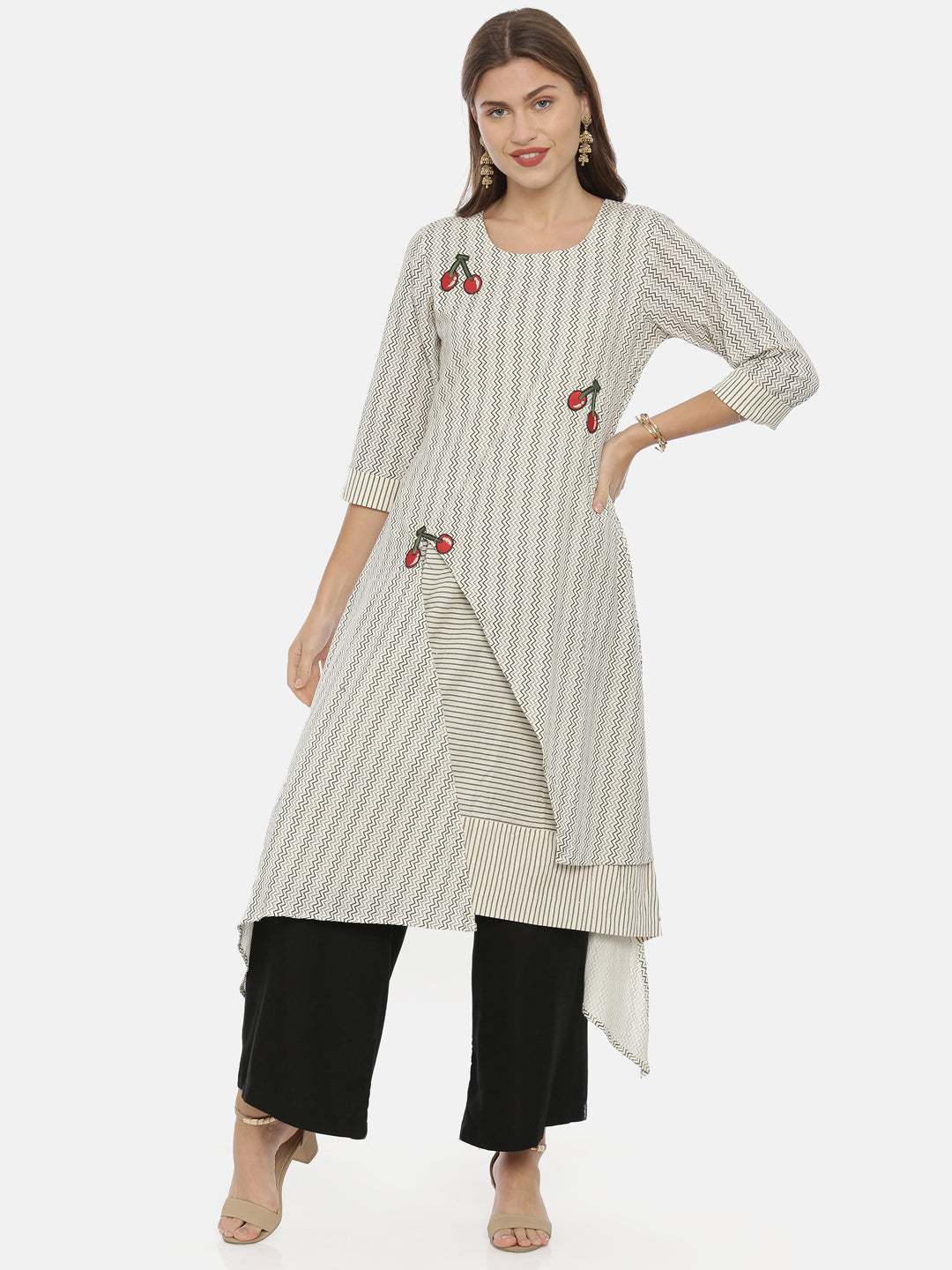 Neerus White cotton printed high-low kurta - detail view 3