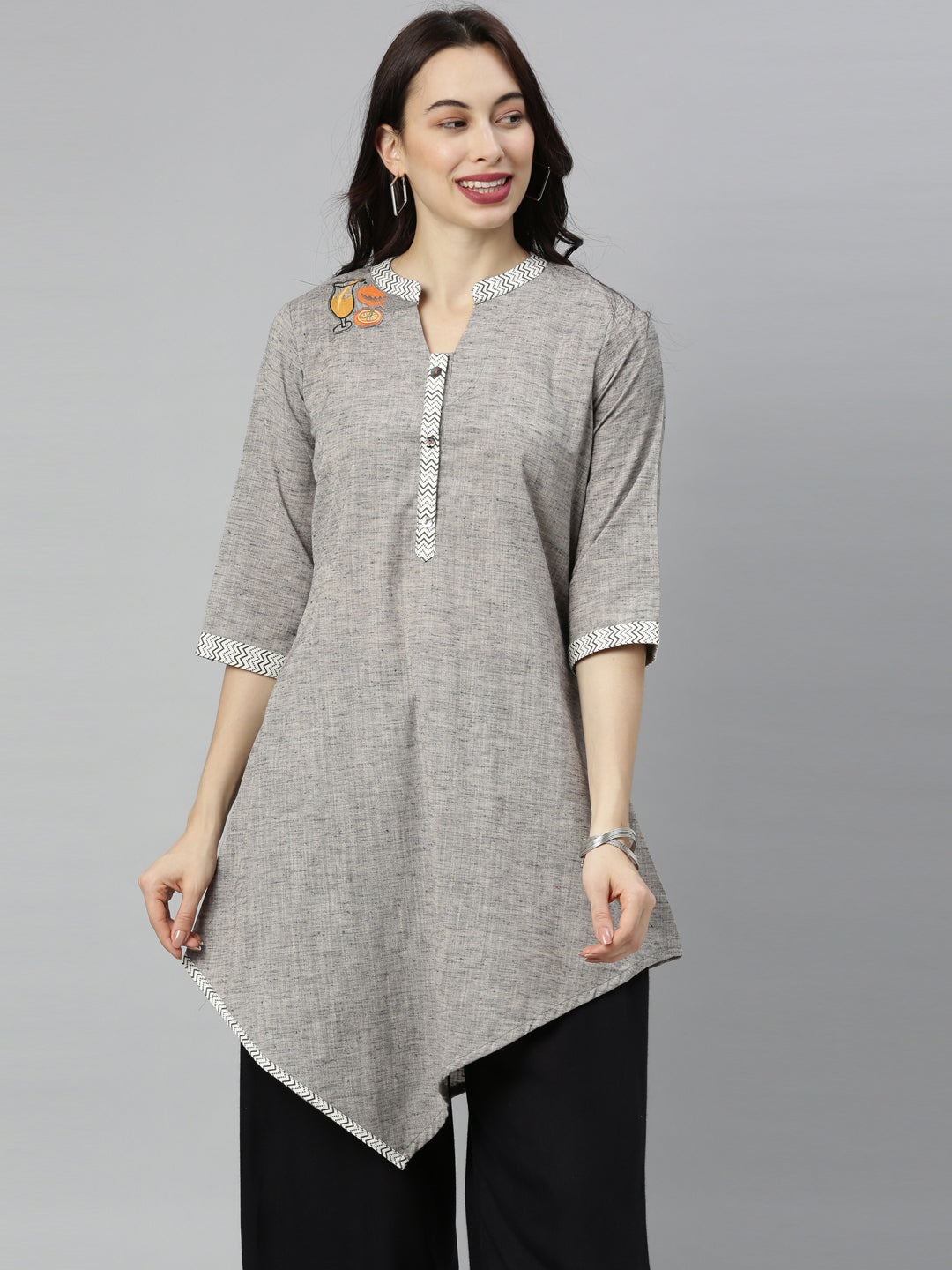 Neerus Grey embroidered high-low kurta - front view