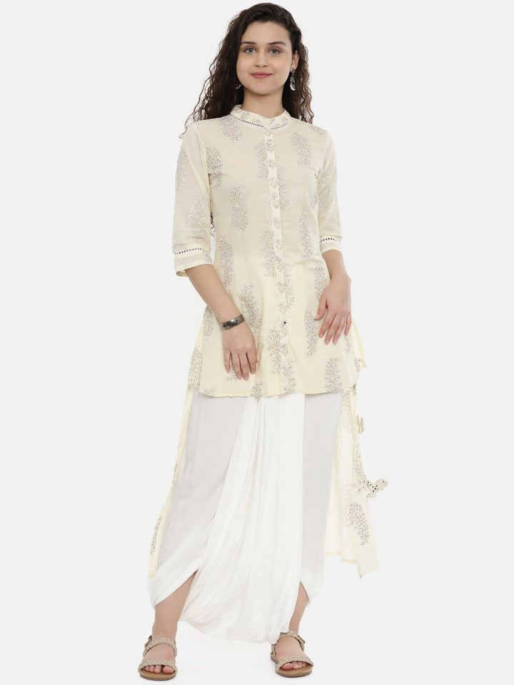 Neerus Beige cotton printed high-low kurti - front view