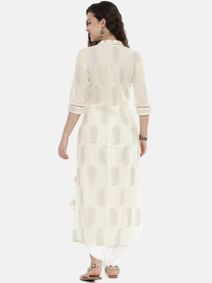Neerus Beige cotton printed high-low kurti - detail view 2