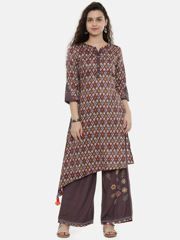 Neerus Purple rayon printed high-low kurta - front view