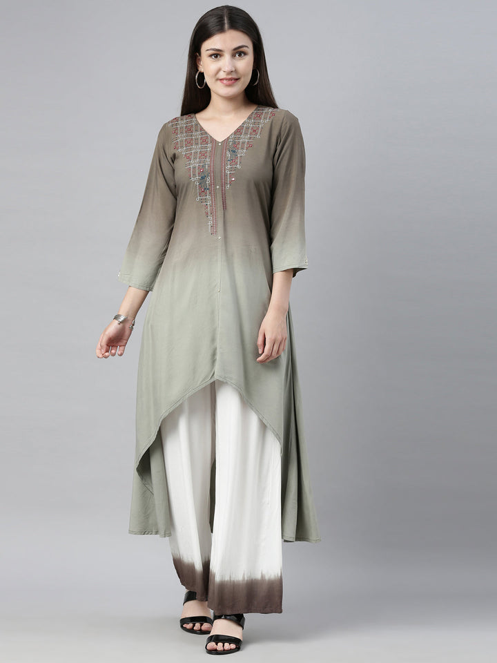 Neerus Green embroidered kurta set with palazzo - detail view 5