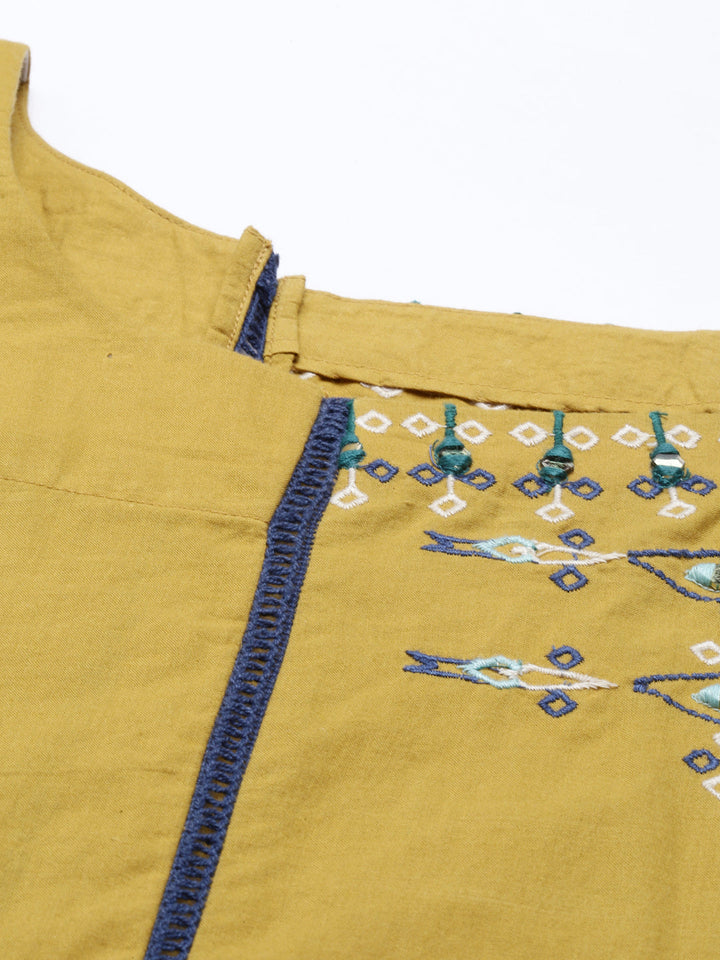 Neerus Yellow cotton embellished high-low kurti - detail view 4