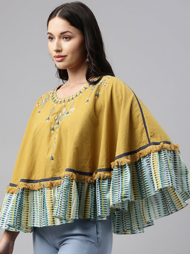 Neerus Yellow cotton embellished high-low kurti - side view