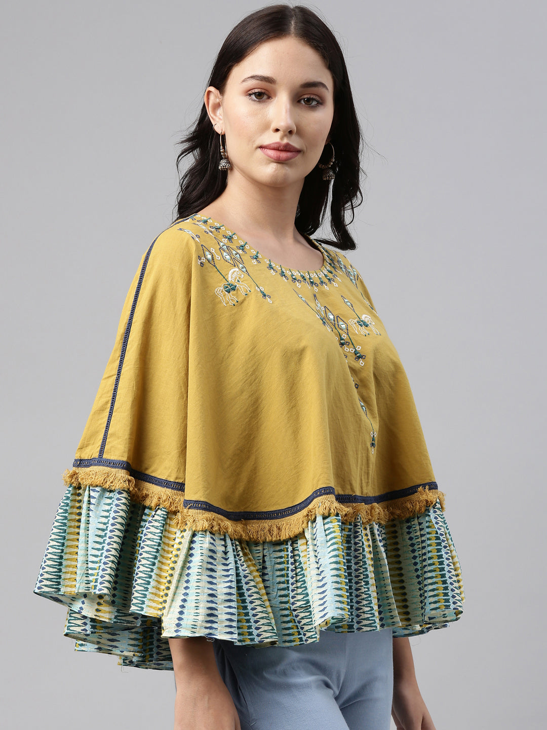 Neerus Yellow cotton embellished high-low kurti - back view