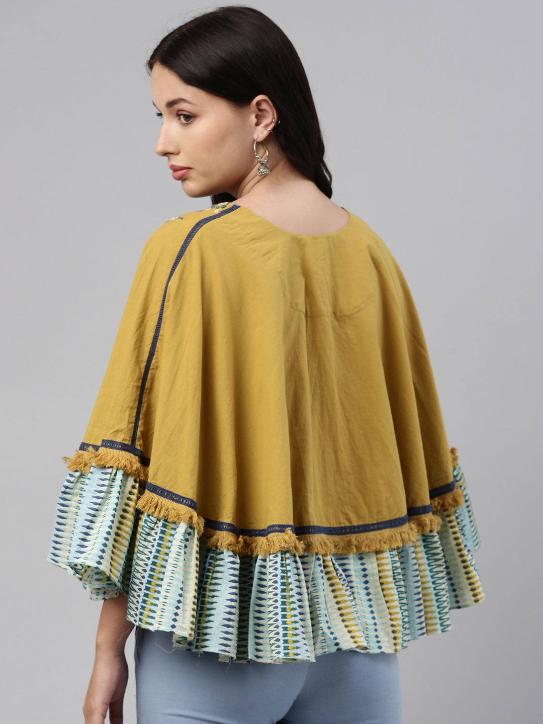 Neerus Yellow cotton embellished high-low kurti - detail view 1
