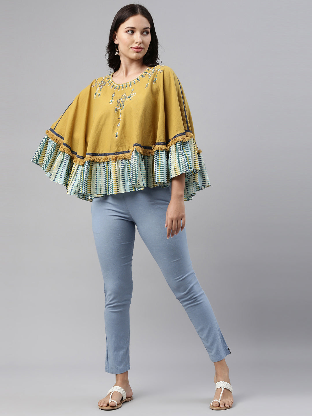 Neerus Yellow cotton embellished high-low kurti - front view