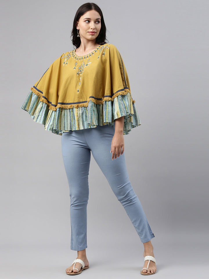 Neerus Yellow cotton embellished high-low kurti - front view