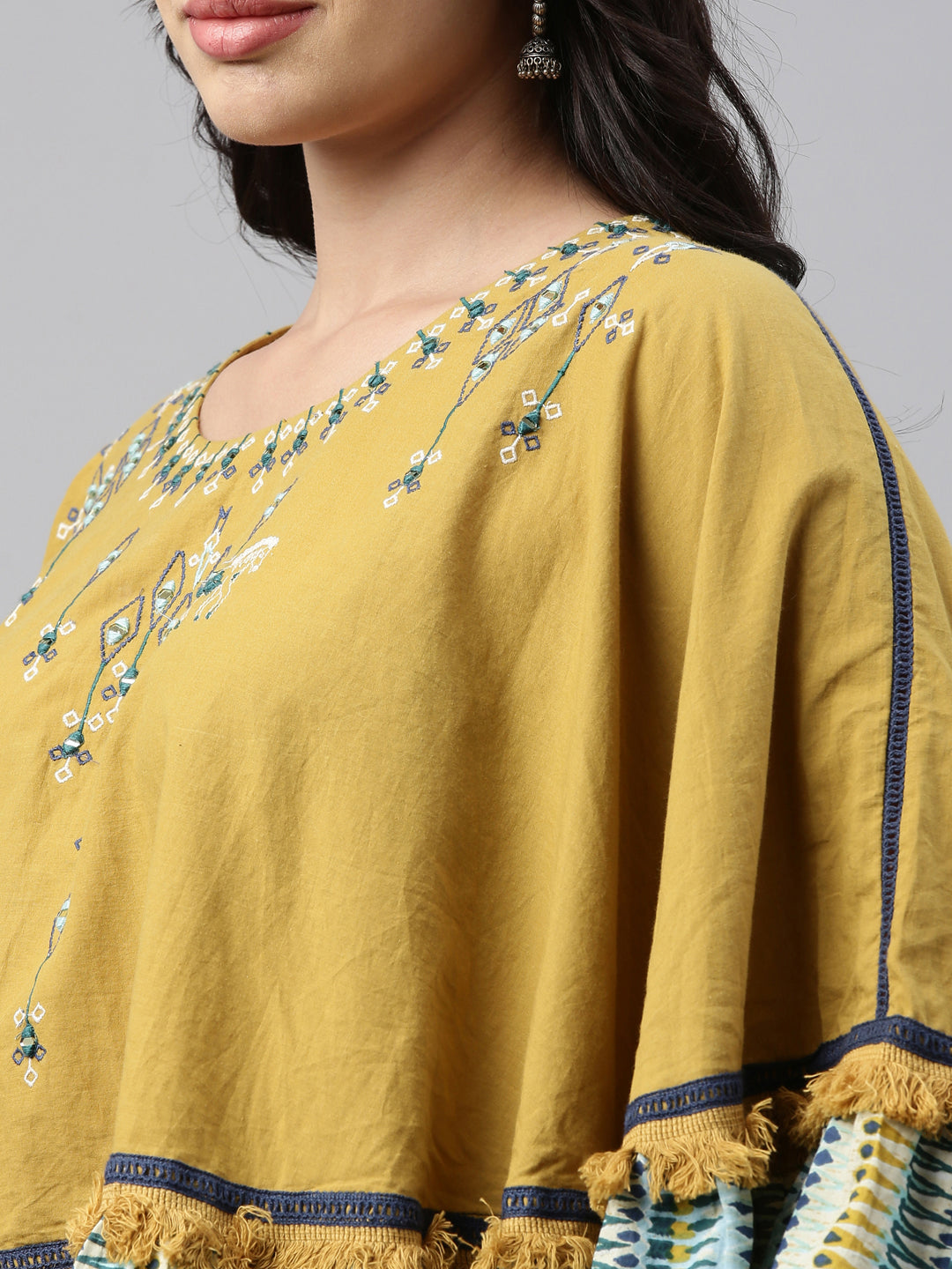 Neerus Yellow cotton embellished high-low kurti - detail view 2