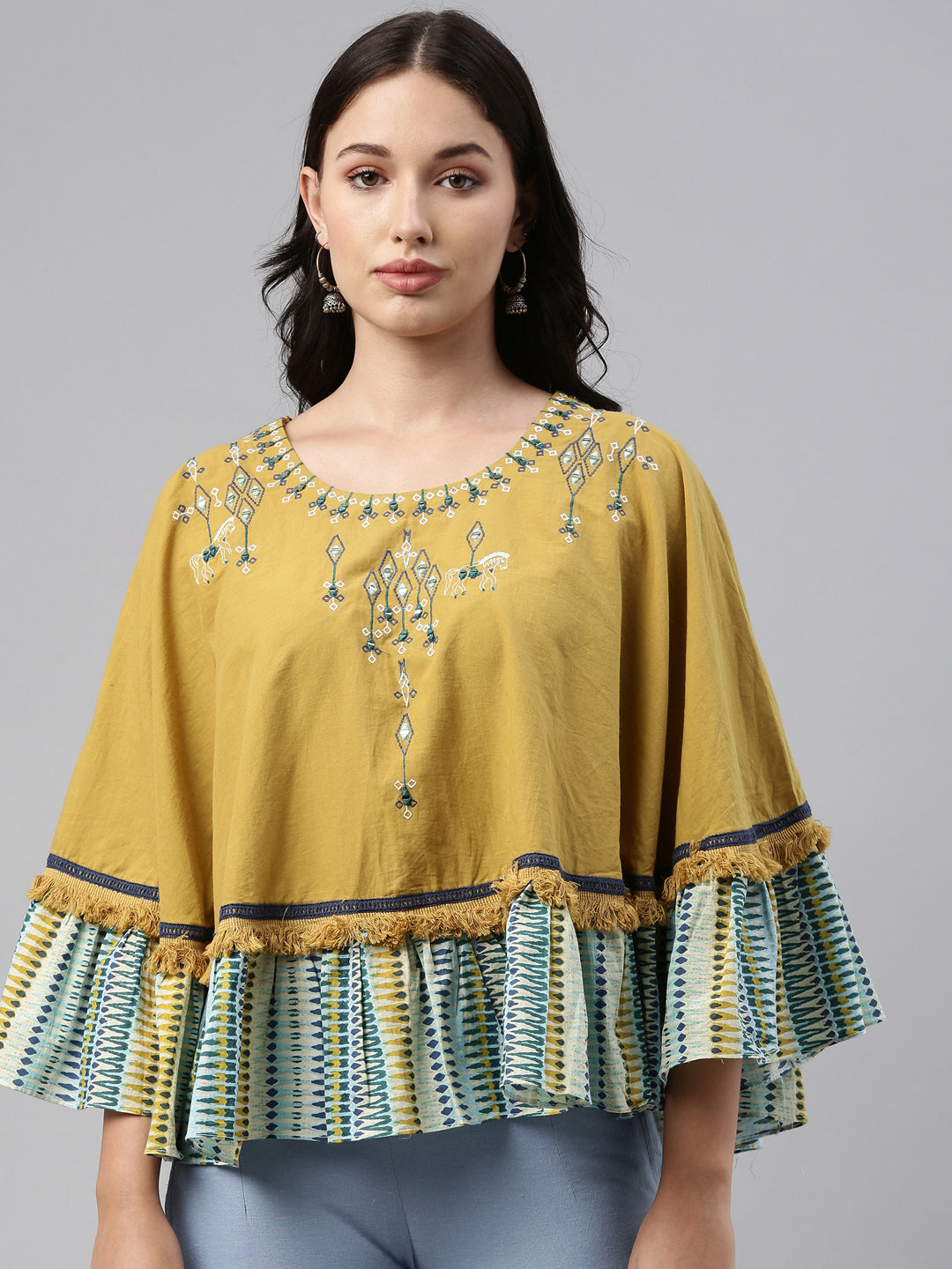 Neerus Yellow cotton embellished high-low kurti - detail view 3