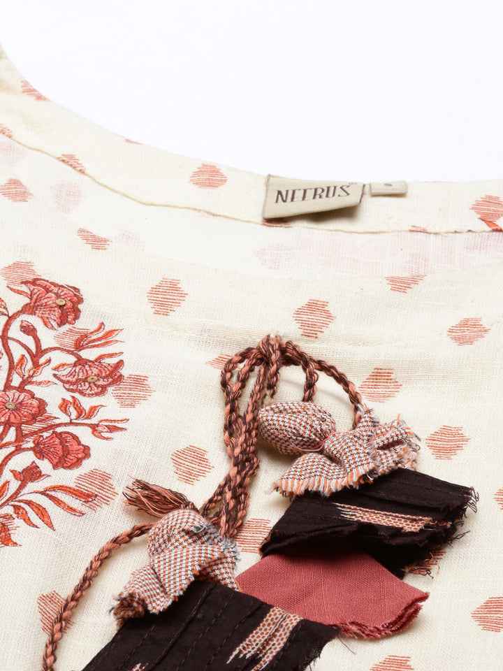 Neerus Beige cotton printed A-line kurti - detail view 4