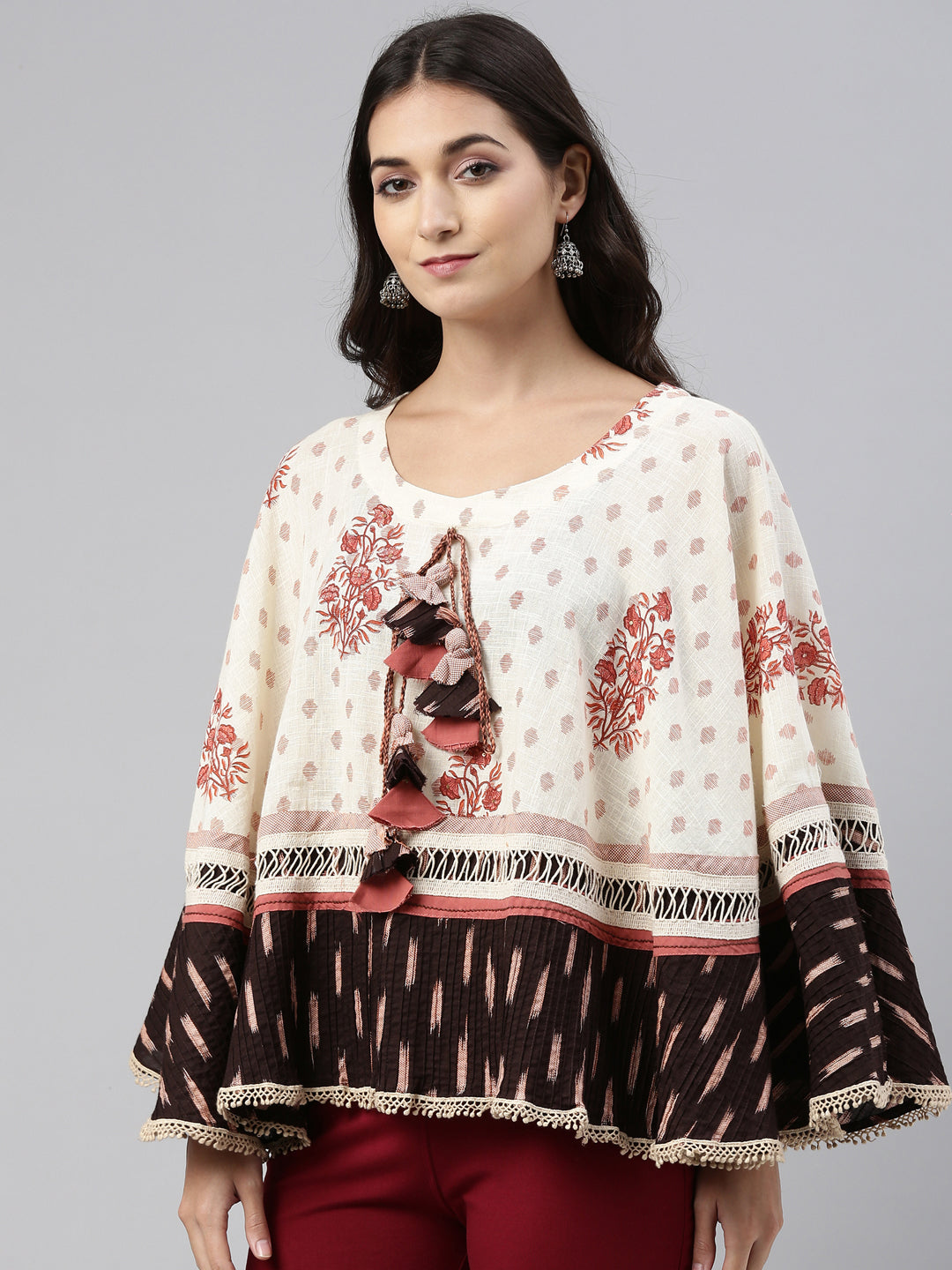 Neerus Beige cotton printed A-line kurti - back view