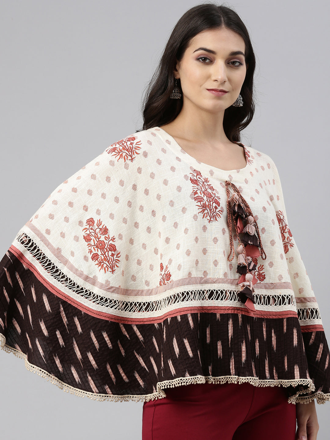 Neerus Beige cotton printed A-line kurti - side view