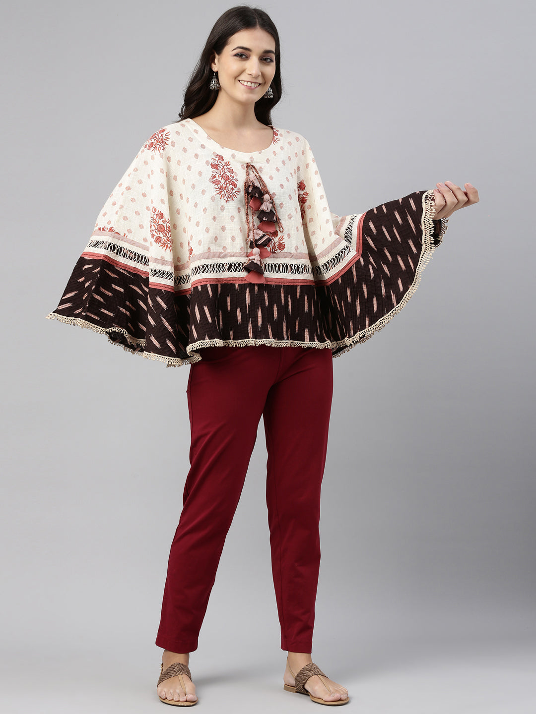Neerus Beige cotton printed A-line kurti - front view