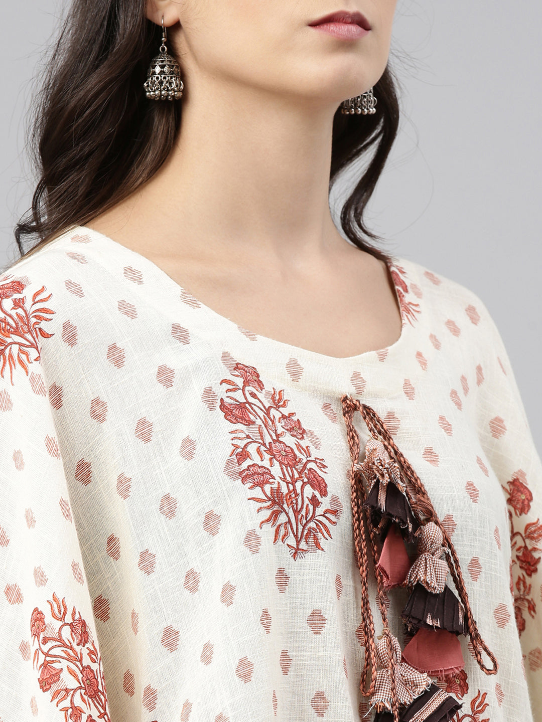 Neerus Beige cotton printed A-line kurti - detail view 2
