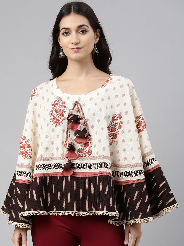 Neerus Beige cotton printed A-line kurti - detail view 3