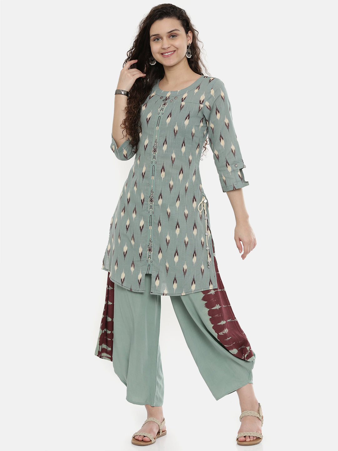 Neerus Green cotton printed A-line kurta - front view