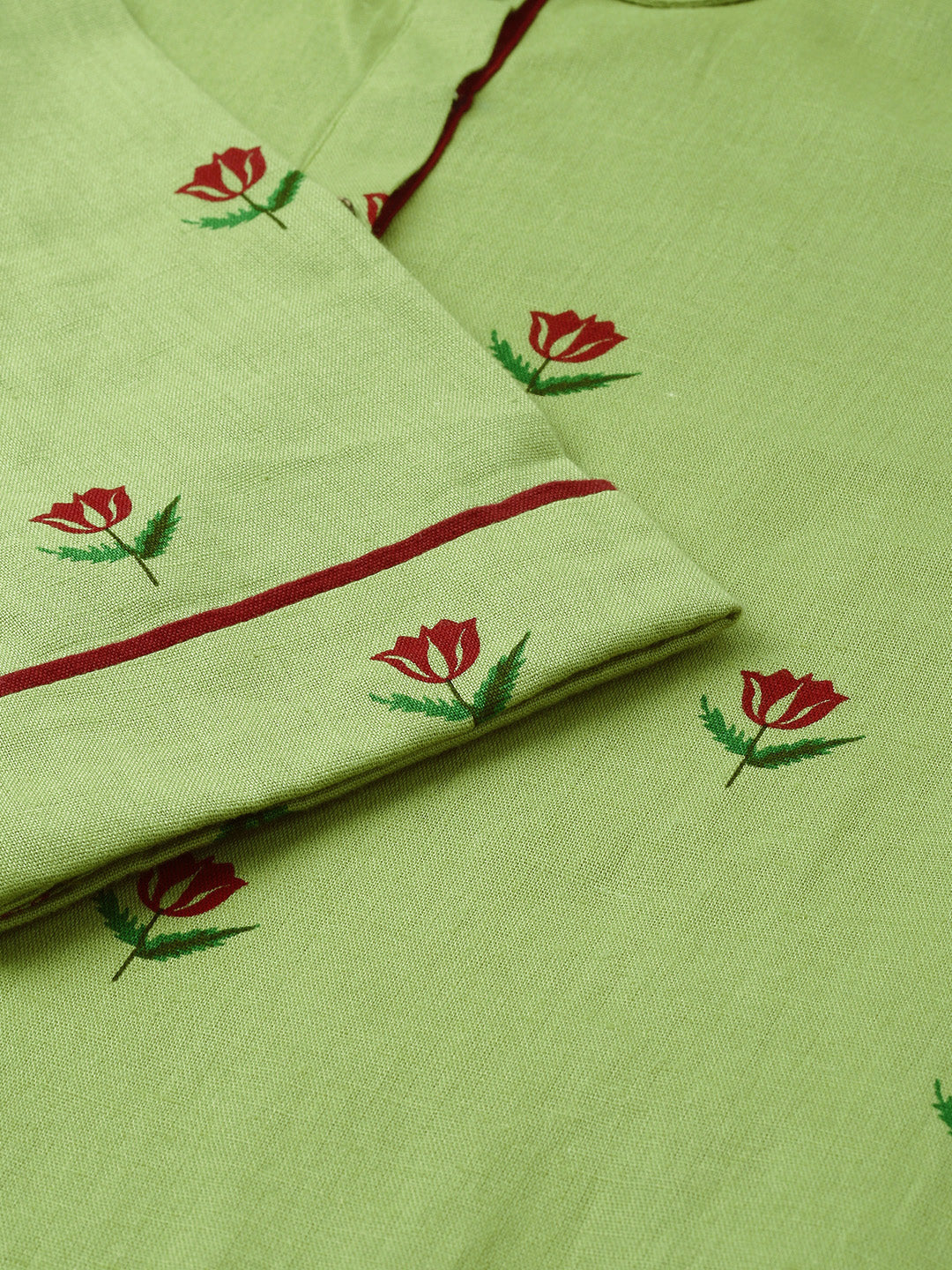 Neerus Green cotton printed A-Line kurta - detail view 2